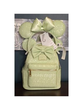 Loungefly Disney Parks Minnie Mouse Sequined Mint Backpack & Ears